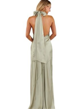 Show Me Your Mumu Lisa Maxi Dress Women XS Moss Green Luxe Satin Lined Open Back
